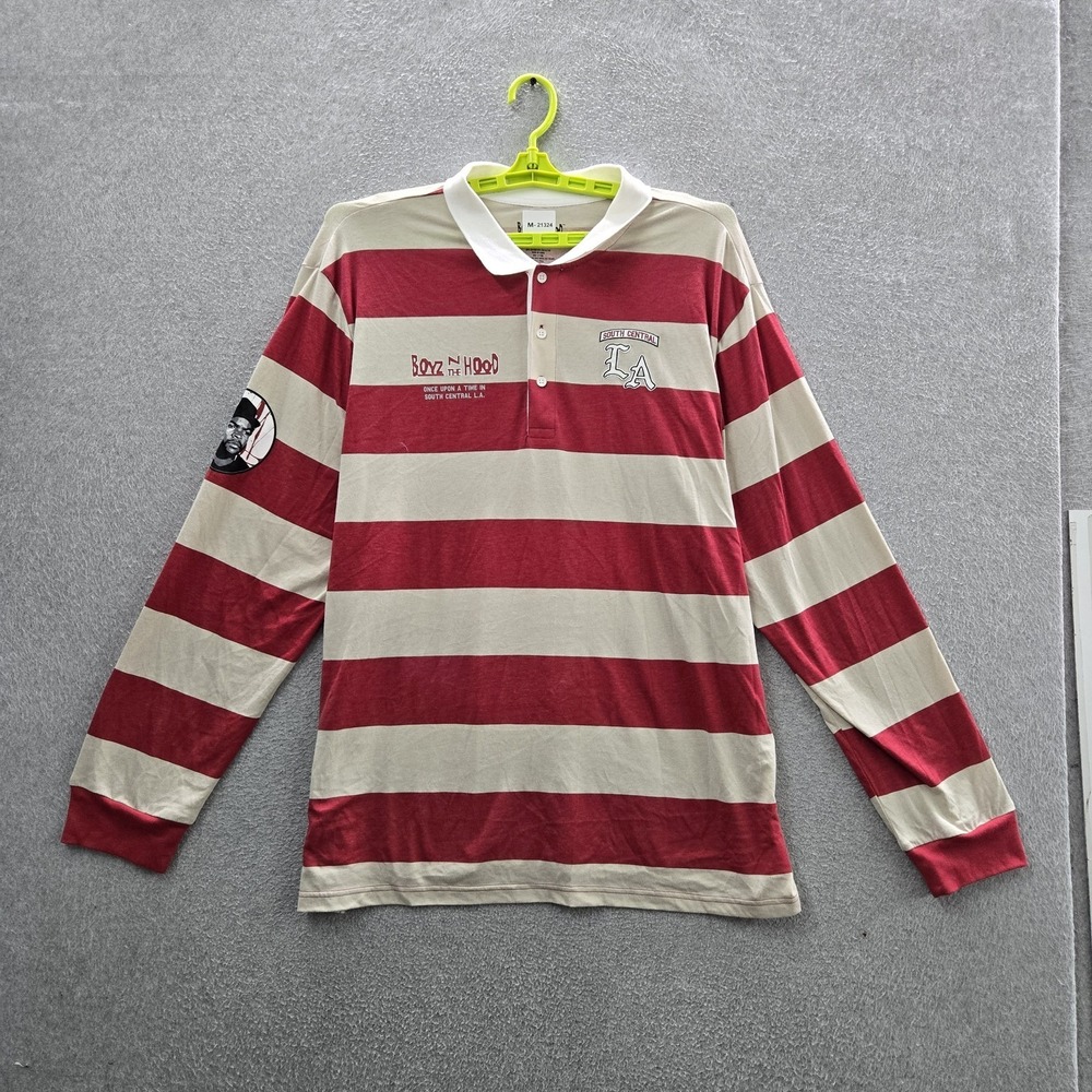 Boyz N The Hood Men Button Up Shirt XXL Red Striped Portrait Graphic Rugby Shirt